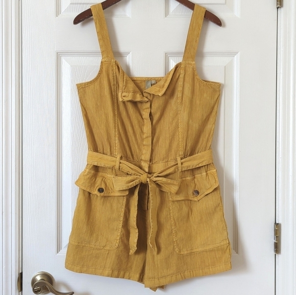 Kut from the Kloth Saima Linen Blend Sleeveless Tie Waist Romper Mustard Medium - Picture 1 of 16